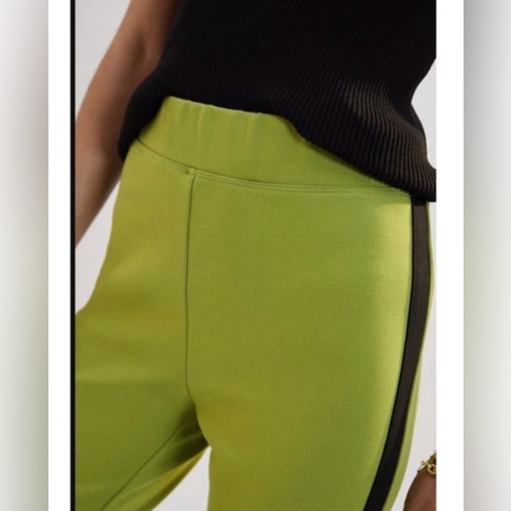 Anthropologie Maeve Ponte Flare Lime Green Flare Pants w/ Black Stripe - Picture 4 of 7